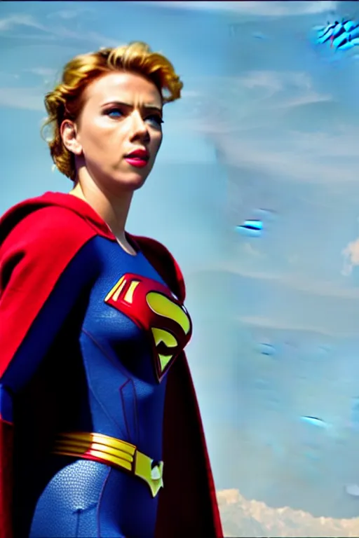 Image similar to 4 k film still, scarlett johansson as superman, 2 6 mm