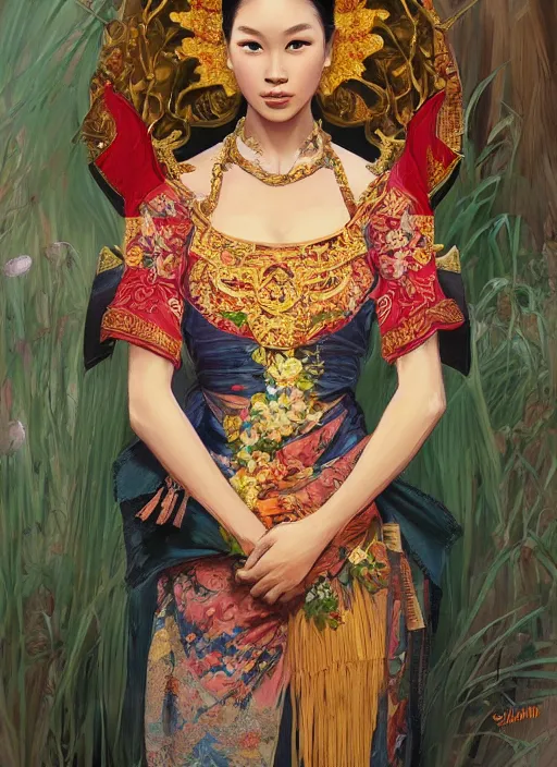 Image similar to portrait of an vietnam supermodels wearing traditional costume, highly detailed, digital painting, artstation, concept art, sharp focus, illustration, art by kittichai rueangchaichan and james gurney and alphonse mucha