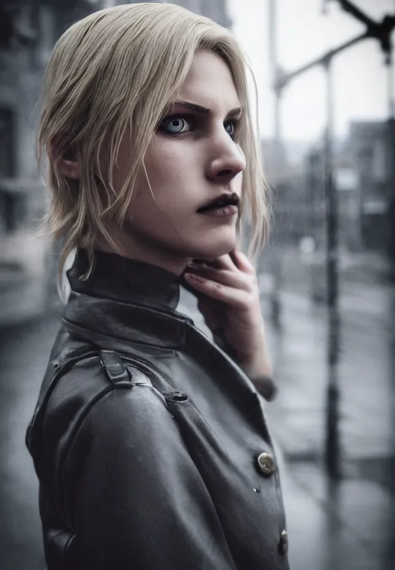 Image similar to cute model annie leonhart posing in dunwall city, beautiful face, detailed face, realistic eyes, cinematic lighting, rainy weather, melancholy atmosphere, volumetric light, gothic architecture, realistic reflections, model agency, instagram photo, depression atmosphere, shot on sony a 7, beauty filter, postprocessing