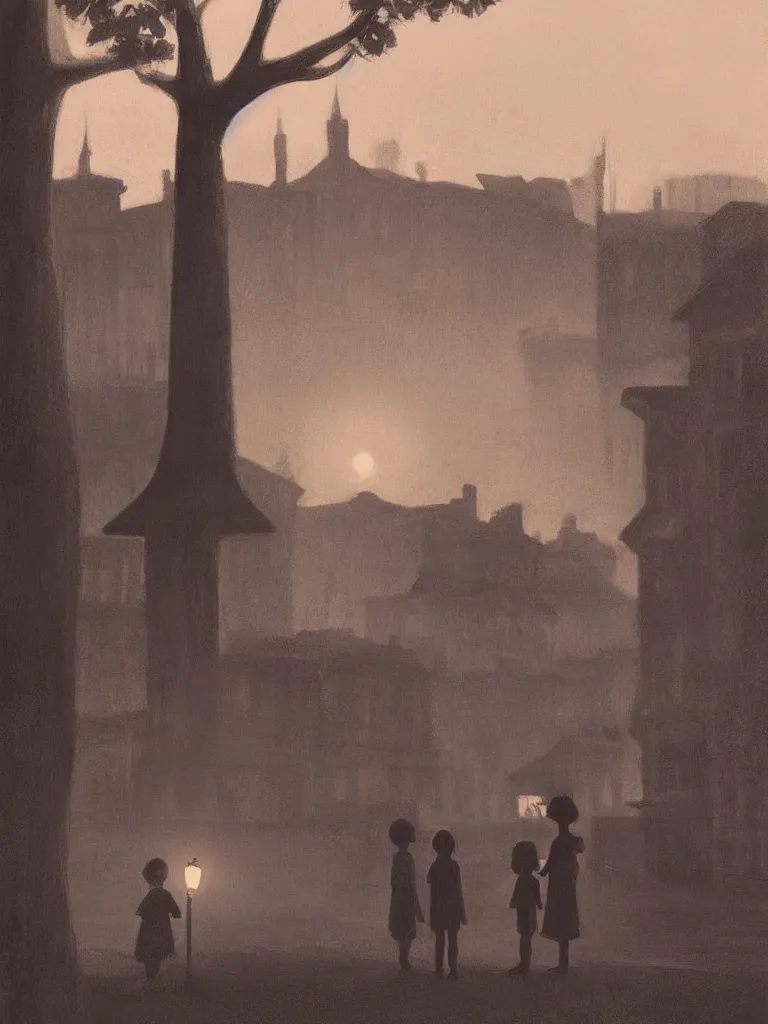 Image similar to two kids posing for a picture at night, dark, backlighting, small village, town square, trees, vegetation, artwork by edward hopper, james gilleard, zdzislaw beksinski, atmospheric, muted pastels