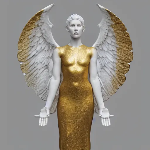 Prompt: a statue made of white marble with gold veins, of an beautiful angel girl, full body shot, perfect symmetrical body, perfect symmetrical face, no eyes, hyper realistic, hyper detailed, fujicolor superia 1 6 0 0 photo, by peter kemp, by monia merlo octane render, blender, 8 k