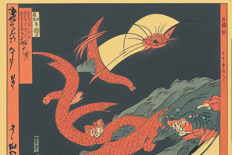 Image similar to cat attacking Tokyo, ukiyo-e print, masterpiece, masterwork, artstation