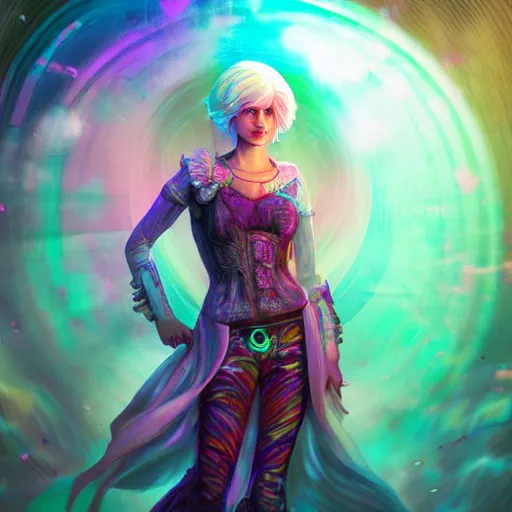 Image similar to Long Shot of psychodelic ciri in mysterious astral temple jumpin with pistol in river of chromatic SPIRITS , beautiful, dmt, trending on artstation, omnious, soft, hypermaximalistic, high details, cinematic, 8k resolution, artwork by Wong, Liam