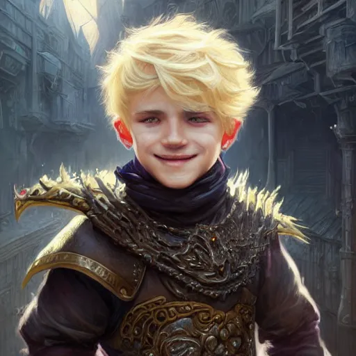 Image similar to portrait of a young boy wearing fantasy thief clothing in the slums of a fantasy city, blonde hair, d & d, fantasy, joyful smirk, intricate, elegant, highly detailed, digital painting, artstation, concept art, matte, sharp focus, illustration, art by artgerm and greg rutkowski and alphonse mucha