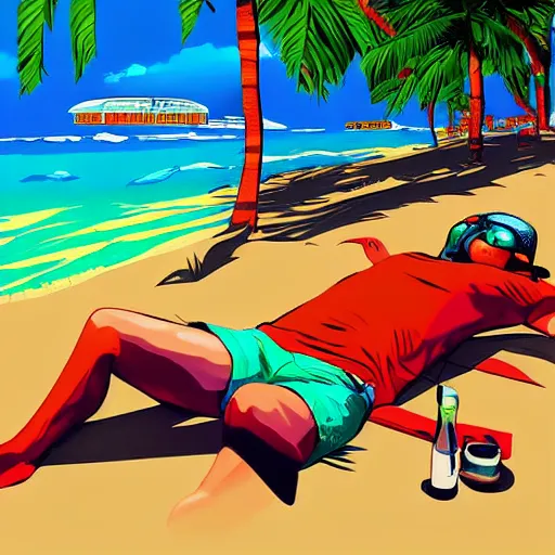 Prompt: Main character of Hotline Miami video game sunbathing at the beach, digital painting, detailed, realism