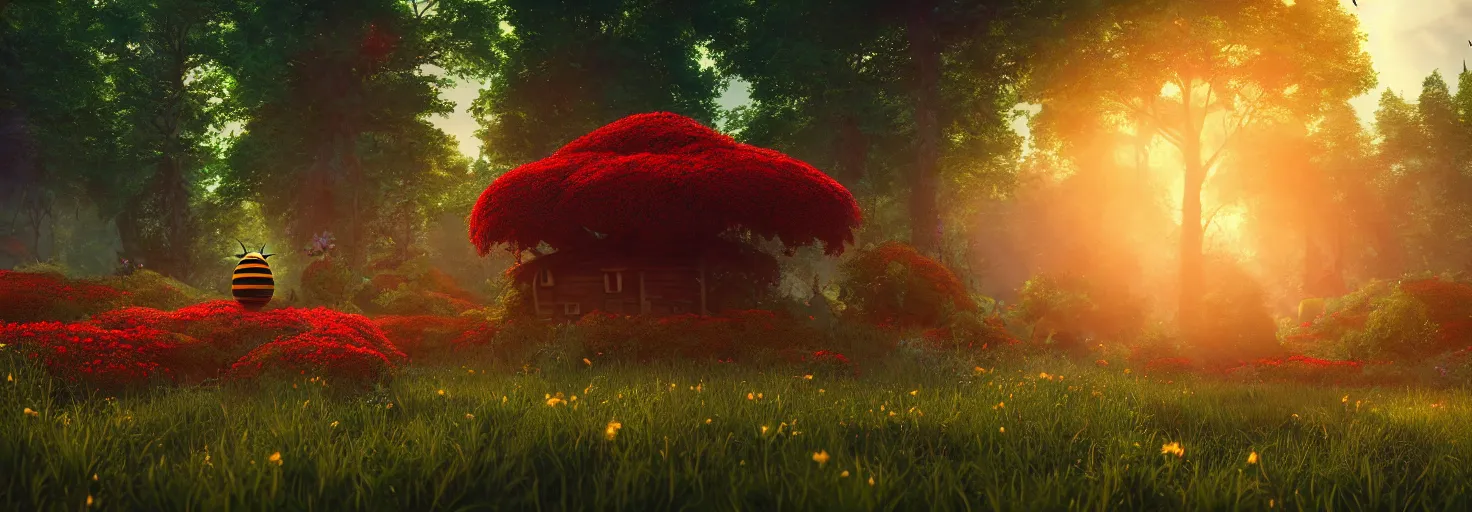 Image similar to stunning glowing dominant large highlighted crimson - black beehive, large cute bee, in a beautiful forest meadow village landscape, flowers, happy trees, photorealistic, octane render, rtx, hdr, unreal engine, digital art widescreen 8 k, studio ghibli, disney, wlop