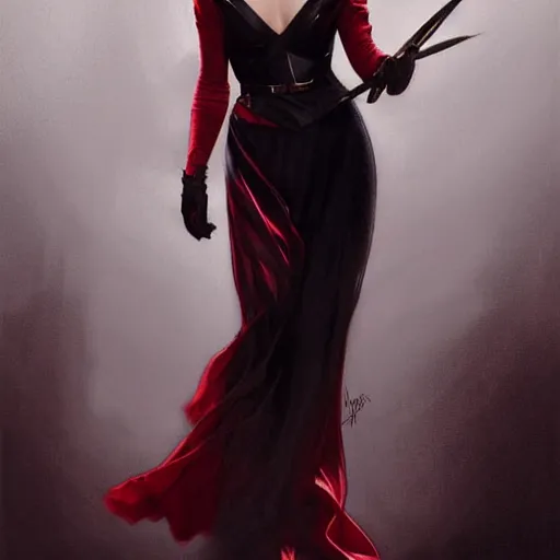 Prompt: very cute Margot Robbie holding a fan and wearing black-crimson silk dress, D&D, fantasy, intricate, elegant, highly detailed, digital painting, artstation, concept art, matte, sharp focus, illustration, art by Artgerm and Greg Rutkowski and Alphonse Mucha