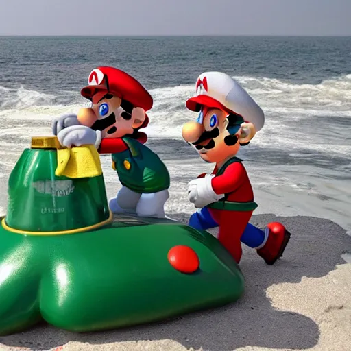 Prompt: Mario and Luigi, cleaning up the gulf oil spill with the help of The mexican military