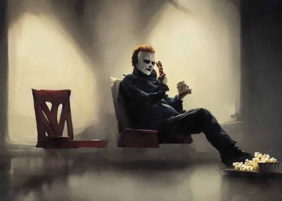 Prompt: painting of Michael Myers sitting in a movie theater seat eating popcorn, sharp focus, face focused, trending on ArtStation, masterpiece, by Greg Rutkowski, by Ross Tran, by Fenghua Zhong, octane, soft render, oil on canvas, moody lighting, high contrast, cinematic, professional environmental concept art