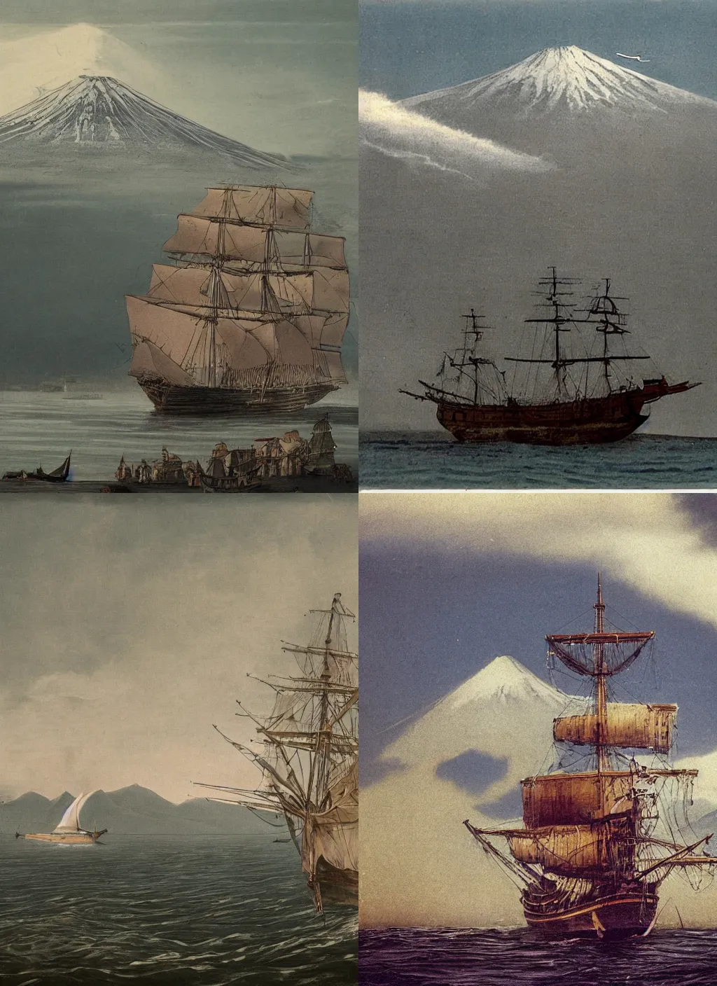 Prompt: a color photograph of a ghost spanish galleon ship sailing in a lake. mount fuji in the background. realistic.