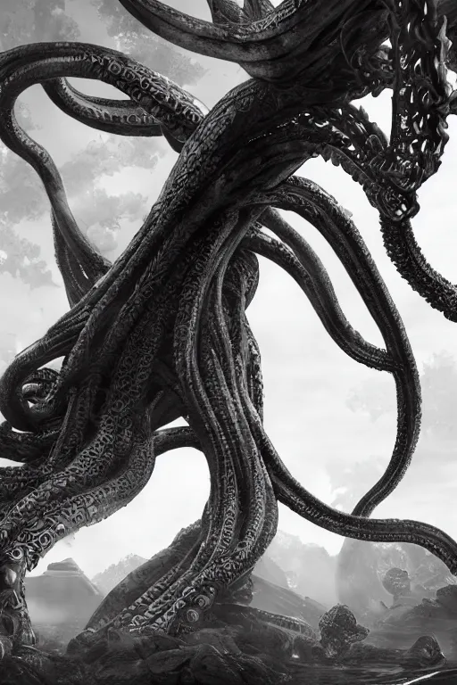 Prompt: giant ancient alien tentacles artwork by yoshitaka amano, black and white, detailed background, extremely detailed, octane rendering, sharp focus, volumetric light, particles, unreal engine 5, rtx