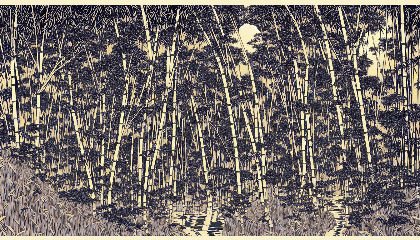 Image similar to bamboo forest by woodblock print, nicolas delort, moebius, victo ngai, josan gonzalez, kilian eng