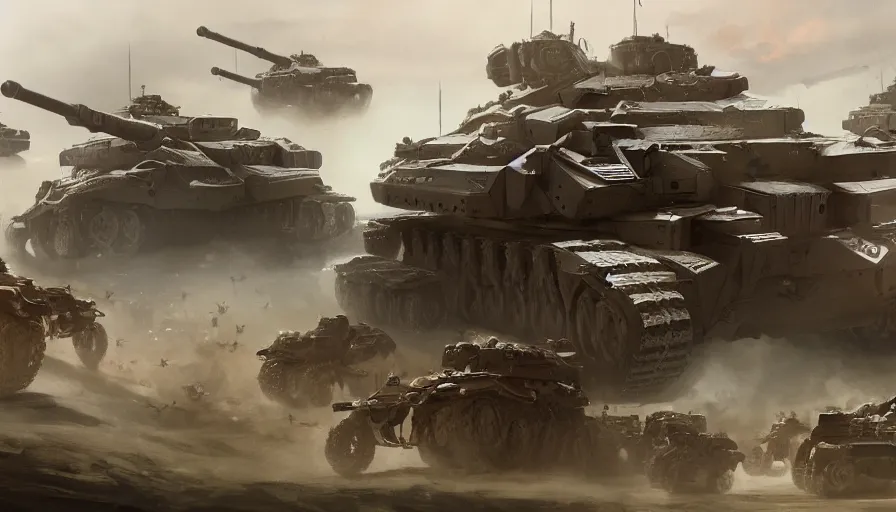 Image similar to troops fleeing of humongous tanks on the field, hyperdetailed, artstation, cgsociety, 8 k