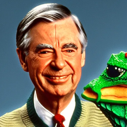 Prompt: mr. rogers with alligator heads instead of hands.