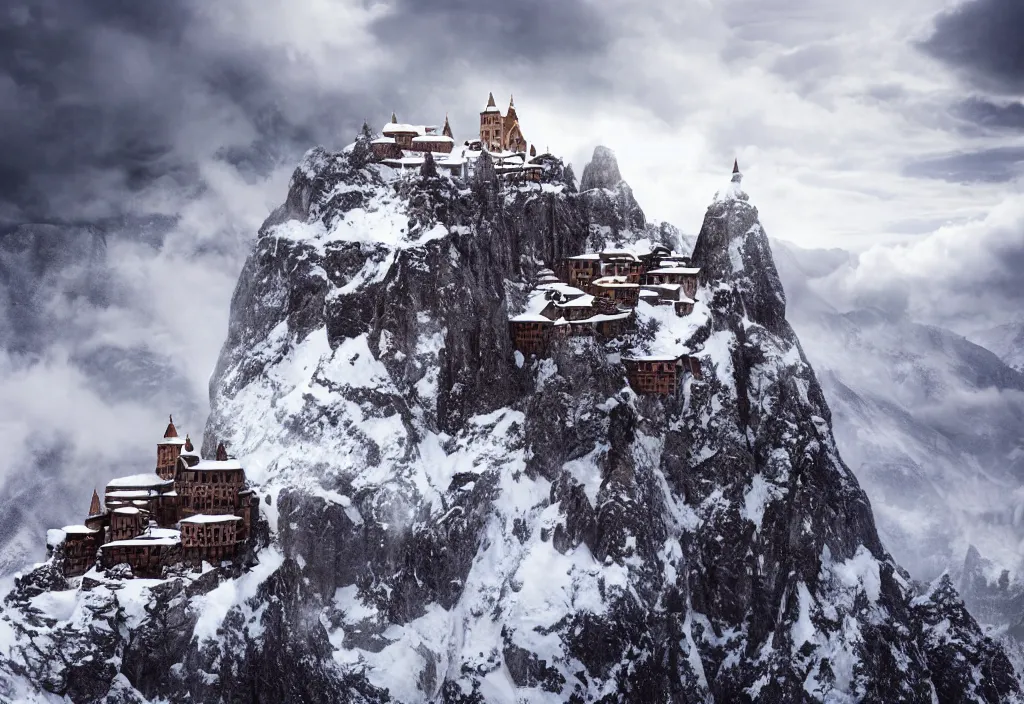 Image similar to A monastery on top of a snowy mountain surrounded by epic clouds by max schiller, cinematic, cinema lighting, ultra realistic, concept art, award winning