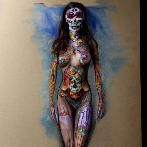 Prompt: full body pencil sketch of a beautiful young woman with mexican make up, dia de los muertos, no clothes, perfect anatomy, full body, watercolor background, pencil art, ink and pencil, hyperrealistic, hyperdetailled, digital art, greg rutkowski, artstation, 8 k, beautiful drawing, paper texture, spray paint, watercolors