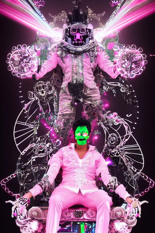 Image similar to full-body rococo and cyberpunk style neon statue of a young attractive mexicano macho chacal android reclining sim roupa con camote, glowing white laser eyes, prince crown of pink gears, diamonds, swirling silver-colored silk fabric. futuristic elements. full-length view. space robots. human skulls. intricate artwork by caravaggio. Trending on artstation, octane render, cinematic lighting from the right, hyper realism, octane render, 8k, depth of field, 3D