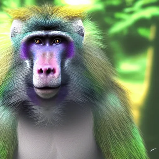 Prompt: iridescent rainbow colored baboon in a forest hyper realistic octane render detailed