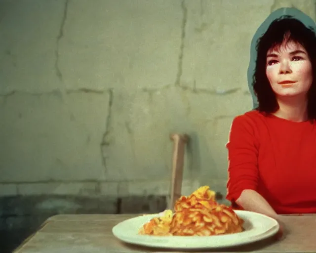 Image similar to 1 9 7 9 a soviet movie still a bjork sitting at a table with a plate of food in dark warm light, a character portrait by nadya rusheva, perfect symmetric coherent face, perfect symmetric eyes, featured on cg society, neo - fauvism, movie still, 8 k, fauvism, cinestill, bokeh, gelios lens