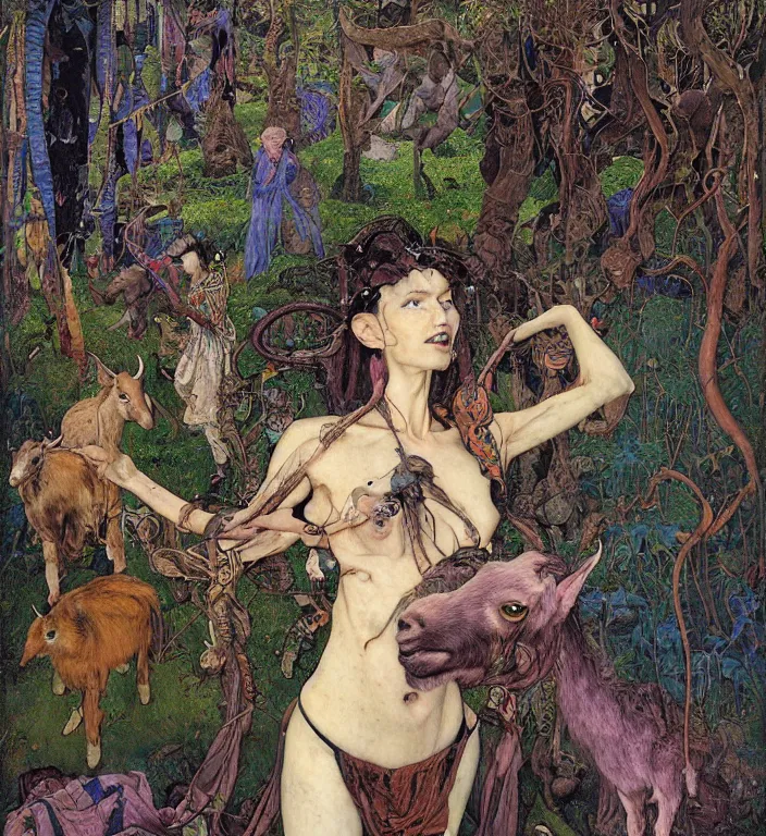 Prompt: pixelated corrupted professional pre-raphaelite defined colours 4k uncropped photo of a punk person in the cyberpunk forest with a goat and a robot by Ivan Bilibin, Austin Osman Spare, Norman Rockwell, high quality, ultra detailed. Beksinski painting, part by Adrian Ghenie and Gerhard Richter. art by Takato Yamamoto. masterpiece, oil on canvas painting, pixelart, vivid acid neon colours.