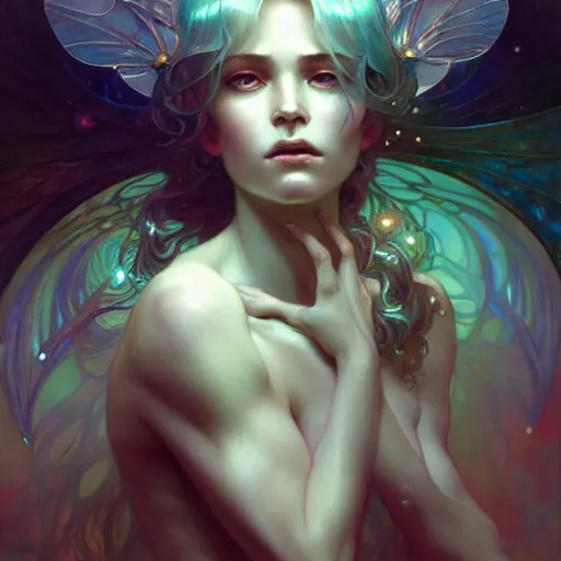 Prompt: crystalline soul fairy, surreal, dramatic lighting, face, detailed, intricate, elegant, lithe, highly detailed, digital painting, artstation, concept art, smooth, sharp focus, illustration, art by Krenz Cushart and Artem Demura and alphonse mucha