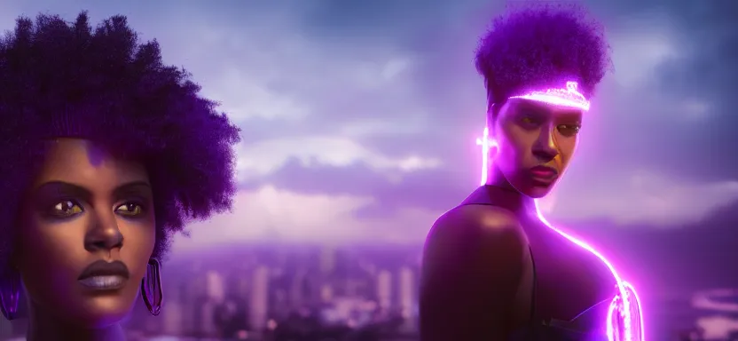 Prompt: portrait of a beautiful black woman with afro hair and glowing purple eyes, cyberpunk rio de janeiro background, digital art, trending on artstation, global illumination, backlit, purple and blue