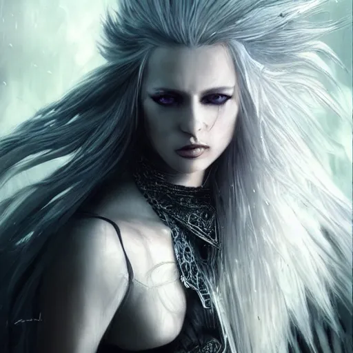 Image similar to kerli koiv, sephiroth, darkwave, darksynth character portrait, sharp, digital matte painting, art by luis royo, greg rutkowski, wlop, dramatic lighting, trending on artstation