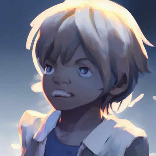 Image similar to a child with grey skin with blues and short brown hair, holding fire, highly detailed, digital painting, artstation, matte, by makoto shinkai, animation style