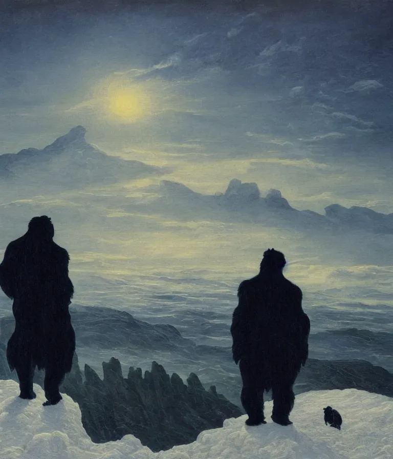 Prompt: a painting in the style of caspar david friedrich's wanderer above the sea of fog of a man in a navy blue trench coat with the head of a gorilla standing above a wasteland of snow