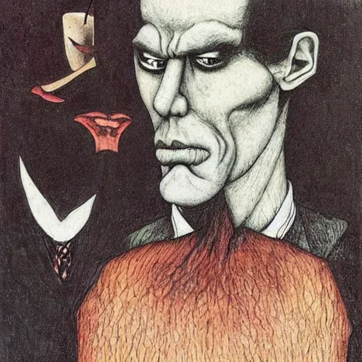 Image similar to Nick Cave in disguise as the devil, by Santiago Caruso, by M.C. Escher, by Kazimir Malevich, fairy-tale illustration style, very detailed, colorful, beautiful, eerie, surreal, psychedelic