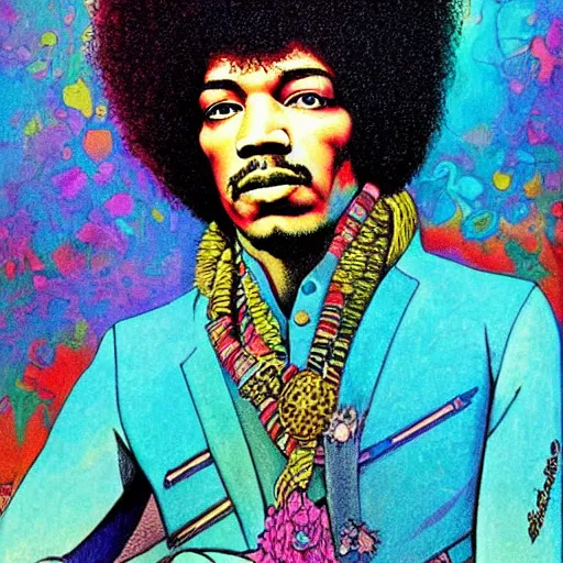 Prompt: colorfull artwork by Franklin Booth showing a portrait of Jimi Hendrix