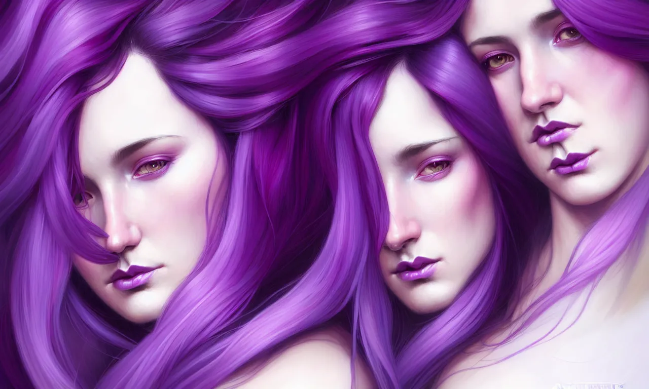 Image similar to Purple hair relistic Portrait of a two woman with bright colored flying hair, all shades of purple. Beauty face, Hair coloring, fantasy, intricate, elegant, highly detailed, digital painting, artstation, concept art, smooth, sharp focus, illustration, art by artgerm and greg rutkowski and alphonse mucha