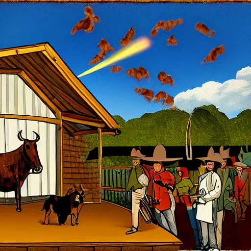 Prompt: A digital painting of a cannon on a porch. Birds are flying over and one of them is hit by a vase that was thrown into the air. A bull plays saxophone while next to the bull a farmer with a pitchfork smokes a cigarette.