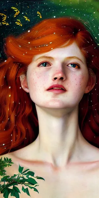 Prompt: infp young woman, smiling amazed, golden fireflies lights, full covering intricate detailed dress, amidst nature, long red hair, accurate linework, green eyes, small nose with freckles, oval shape face, realistic, expressive emotions, dramatic lights, hyper realistic ultrafine art by artemisia gentileschi, caravaggio, jessica rossier, boris vallejo