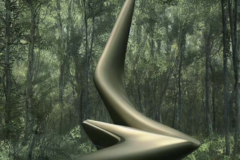 Prompt: a sculpture designed by Zaha Hadid in a forest, digital art, unreal engine 5, high resolution, 4k, realistic