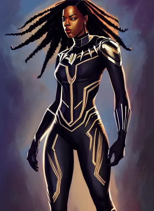 Image similar to full body portrait of marvel cinematic universe aaliyah haughton, black panther, elegant, wakanda, super hero, black outfit, highly detailed!! digital painting, artstation, glamor pose, concept art, sharp focus, illustration, art by artgerm and greg rutkowski, artey freytag