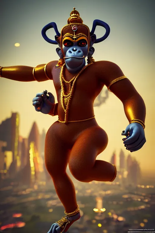 Image similar to high quality 3 d render cute cyborg hanuman! with gold nose piercings, highly detailed, cyberpunk mumbai in the background, unreal engine cinematic smooth, in the style of solaris & detective pikachu, hannah yata charlie immer, moody light, low angle, uhd 8 k, sharp focus