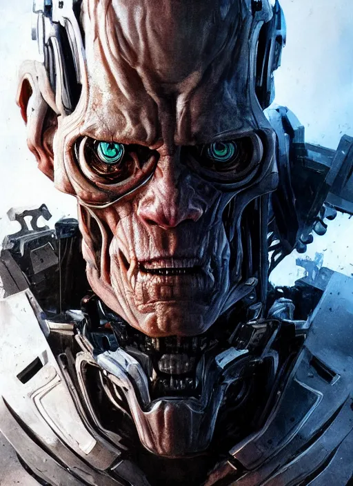 Image similar to willem dafoe as victor stone, full body concept, cyborg, borg, strogg, face of a man, terminator, flesh, quake strogg, doom demon, wolfenstein, monstrous, powerful, symmetry, symmetrical, concept art by ruan jia and greg rutkowski