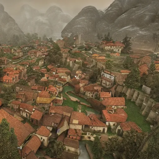 Prompt: the center of a poor medieval town under heavy rain at late dawn, in a valley, surrounded by mountains, highly detailed, octane, ultra detailed cinematic, 8 k, widescreen, 1 6 : 9, hd