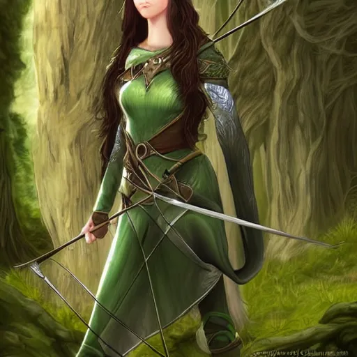 Image similar to a young elven female archer. long silver hair, fair skin like porcelain, beautiful greens eyes. fantasy. digital art. very detailed. anatomically precise. forest background.