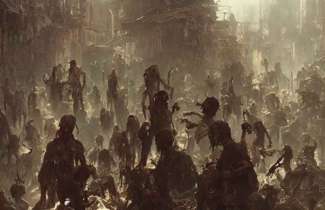 Image similar to painting of zombie apocalypse in subway, ultra realistic, concept art, intricate details, eerie, highly detailed, photorealistic, octane render, 8 k, unreal engine. art by artgerm and greg rutkowski and alphonse mucha