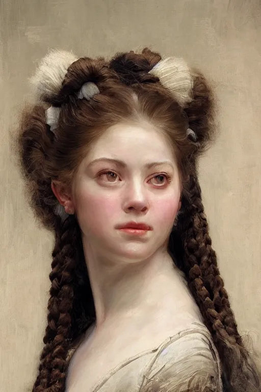 Prompt: museum painting, close - up, 3 0 years old woman,!!! white!!! gathered hair in braids, mischievous face, dressed in 1 7 th century clothes, sharp focus, highly detailed, digital art, oil painting, masterpiece, artgerm, rutkowski