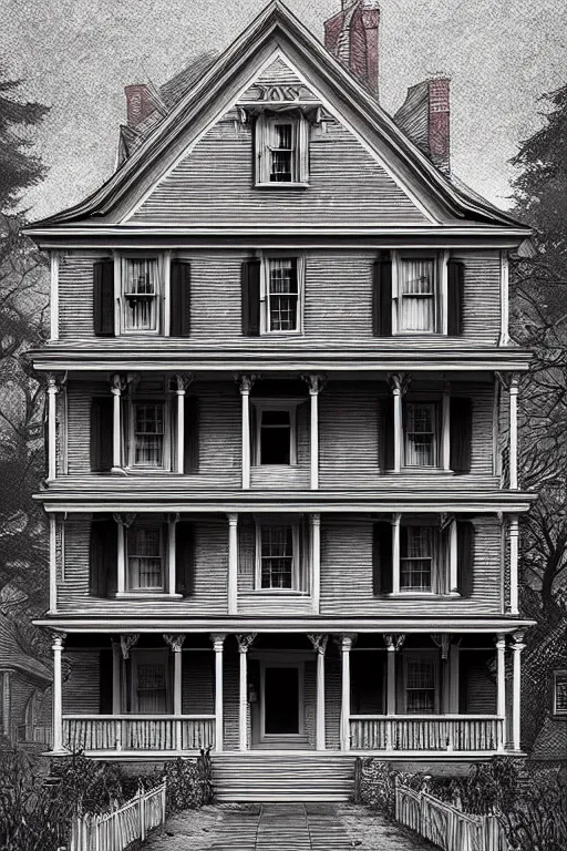 Prompt: line art of the amityville horror house, highly detailed, photorealistic, artstation, smooth, sharp focus, illustration, unreal engine 5, 8 k, art by art by artgerm and greg rutkowski and edgar maxence