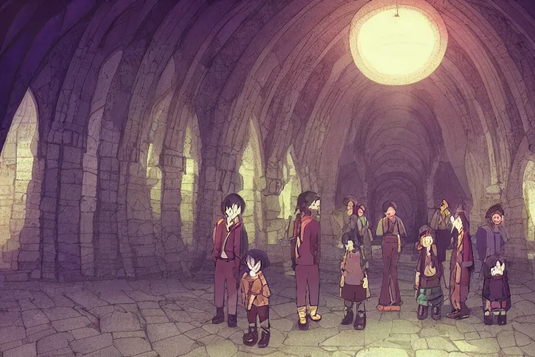 Image similar to cell shaded anime key visual of a group of eskimos in an underground gothic cathedral in the style of studio ghibli, moebius, makoto shinkai, dramatic lighting