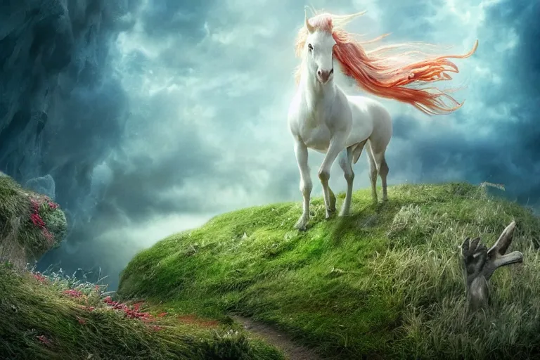 Prompt: this is the story of the last unicorn on earth. photo - realistic hd, hyperrealism, colourful, highly detailed, cinematic, luminescence, 3 2 k, dop, high contrast, intricate, mystery, epic, fantasy