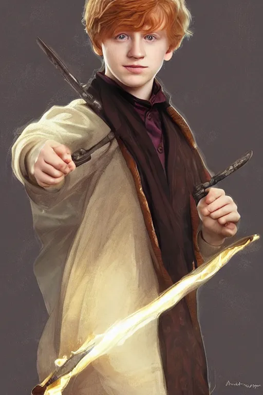 Image similar to beautiful cottagecore young ron weasley holding a magicwand. intricate, elegant. highly detailed, digital painting, artstation, concept art, smooth, sharp, focus, illustration. . art by artgerm and greg rutkowski and alphonse mucha