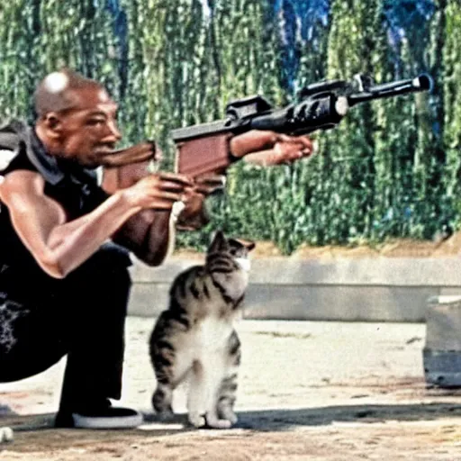 Image similar to a still of the cat shooting a m 6 0 machine gun from the buddy cop movie beverly hills cat 2, with eddie murphy