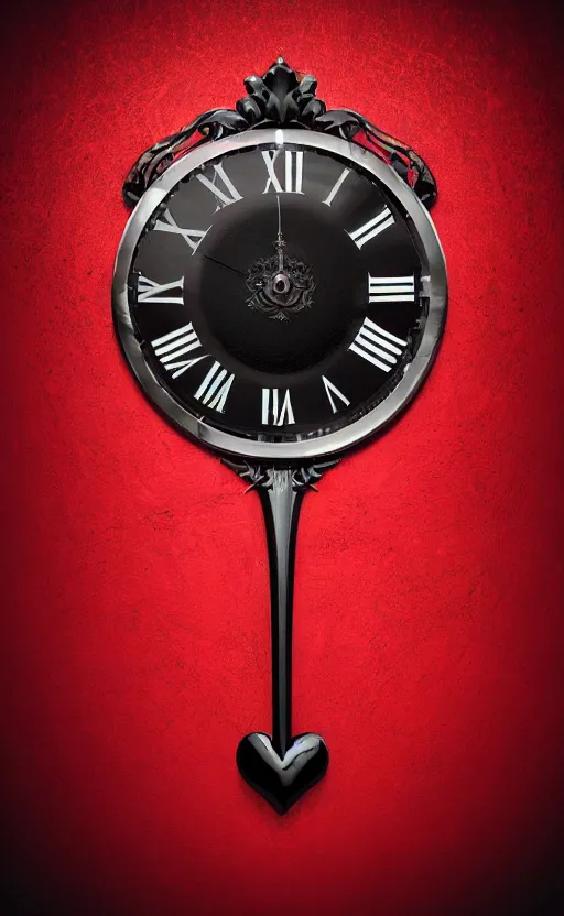 Image similar to a melting Roman numeral clock, behind a red and black gradient background, awith a black heart shaped on the top left corner and a black diamond card shape in the bottom right corner, dynamic lighting, photorealistic fantasy concept art, trending on art station, stunning visuals, cinematic, creative, ultra detailed