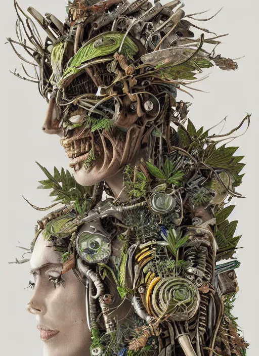 Image similar to hyper - detailed fine painting of a synthetic humanoid hybrid cyborg shaman half cybernetic and half made of plants and wood, concept art magical highlight