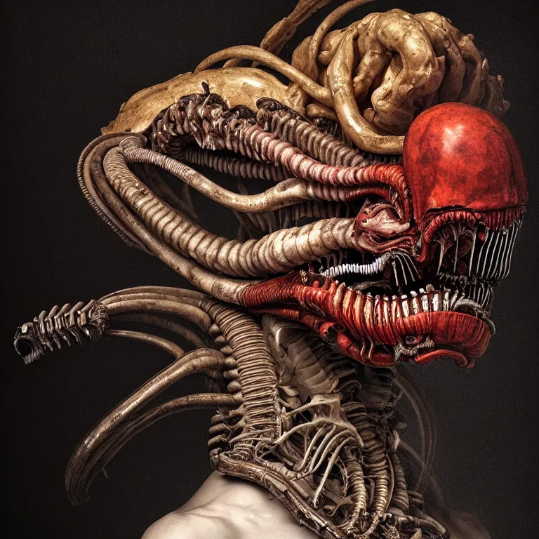 Image similar to portrait of a man covered by xenomorph by arcimboldo, soft bloom lucid dream - like ethereal dark atmosphere, baroque portrait painting, perfect composition, intricate detailed octane render trending on artstation, 8 k artistic photography, volumetric cinematic perfect light, chiaroscuro, masterpiece, raphael, caravaggio, rutkowski, beeple, bosch